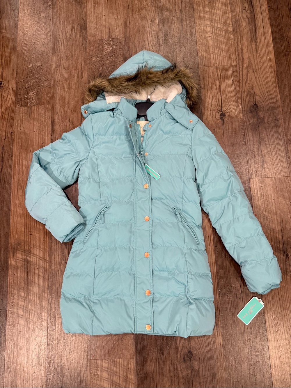 Copper Key Sky Blue Long Puffer Coat with Faux Fur Trim Hood 14/16 NWT!